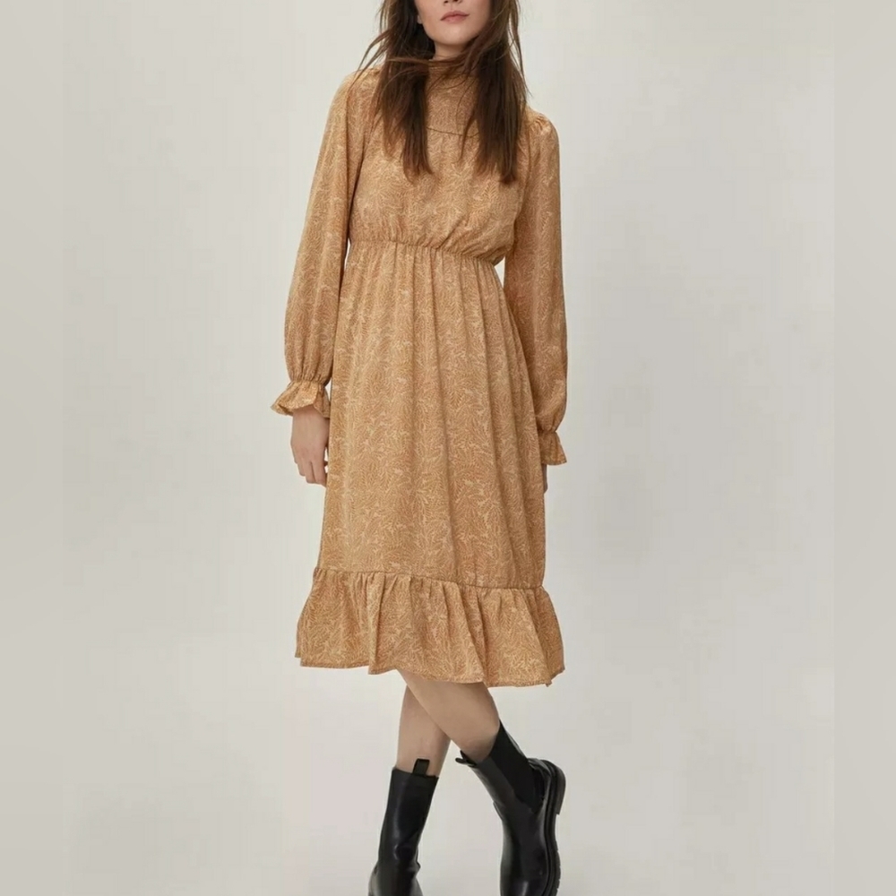 Nasty Gal Womens 12 Leaf Print High Neck Midi Dress Prairie Boho Tan Ruffle Neck